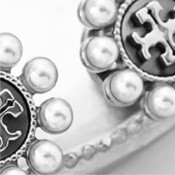 TORY BURCH SILVER LOGO PEARL EMBELLISHED STUD EARRINGS - Picture 6 of 6
